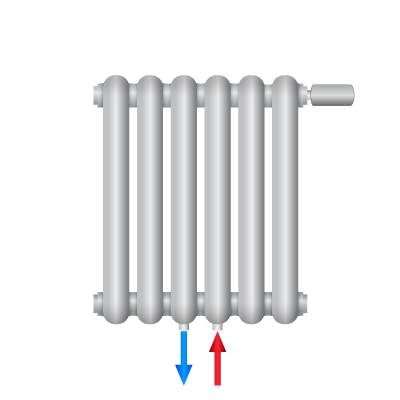 Dolne środkowe z zasilaniem po prawej i wkładką termostatyczną na górze po prawej